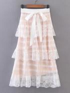 Romwe Tie Waist Lace Overlay Layered Skirt