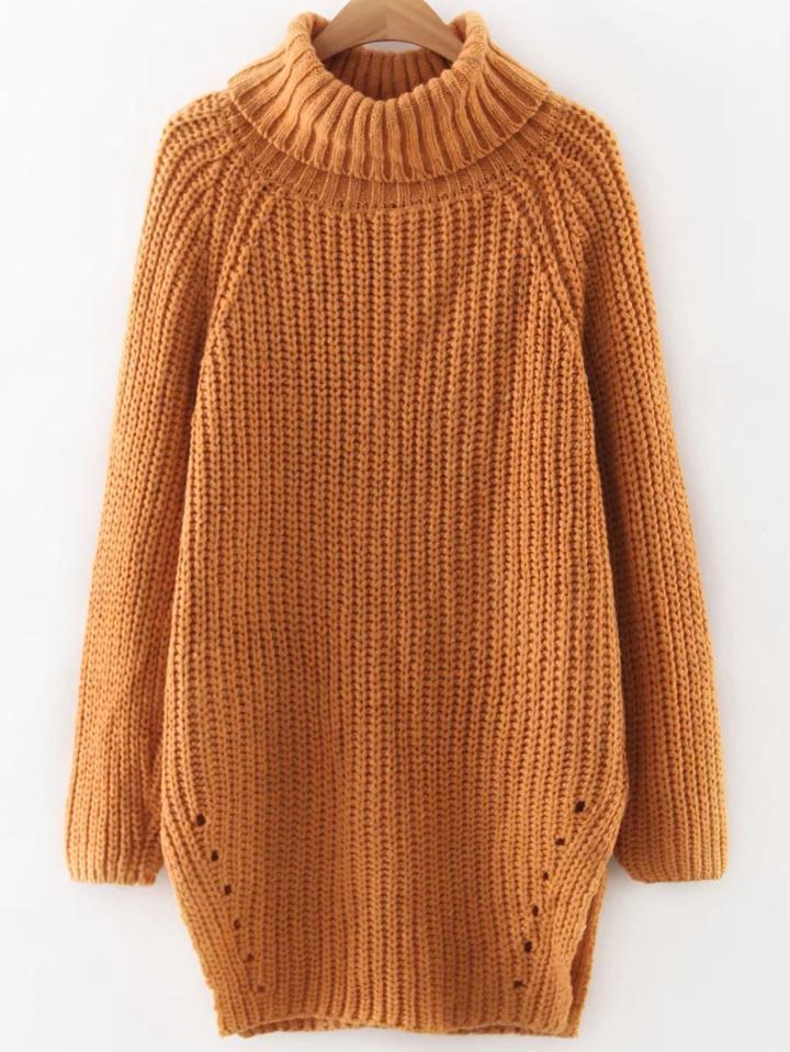 Romwe Khaki Roll Neck Raglan Sleeve Split Side Long Sweater