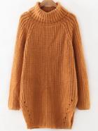 Romwe Khaki Roll Neck Raglan Sleeve Split Side Long Sweater