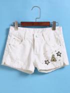 Romwe With Bead Embroidered Denim Shorts