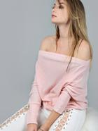 Romwe Pink Waffle Knit Asymmetric Shoulder T-shirt