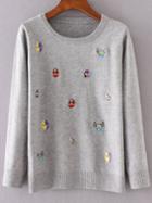 Romwe Grey Cartoon Face Round Neck Knitwear