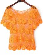 Romwe Hollow Floral Crochet Lace Orange Blouse