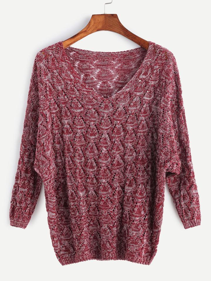 Romwe Burgundy V Neck Drop Shoulder Eyelet Sweater