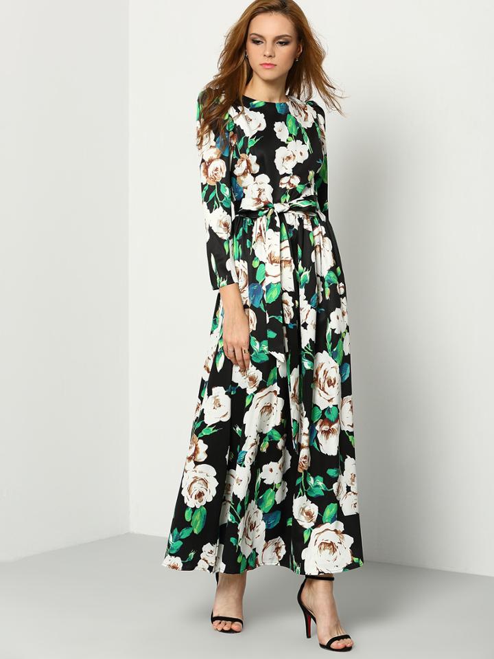 Romwe Round Neck Florals Belt Maxi Dress
