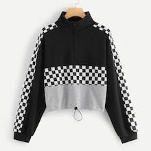 Romwe Gingham Panel Drawstring Hem Sweatshirt