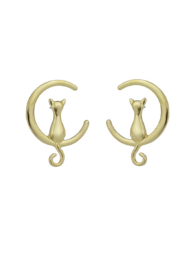 Romwe Gold Cute Moon Cat Stud Earrings For Women