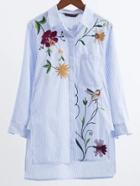 Romwe Blue Striped Flower Embroidery High Low Blouse
