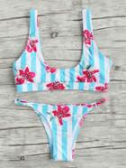 Romwe Double Scoop Neck Flower Print Striped Bikini Set