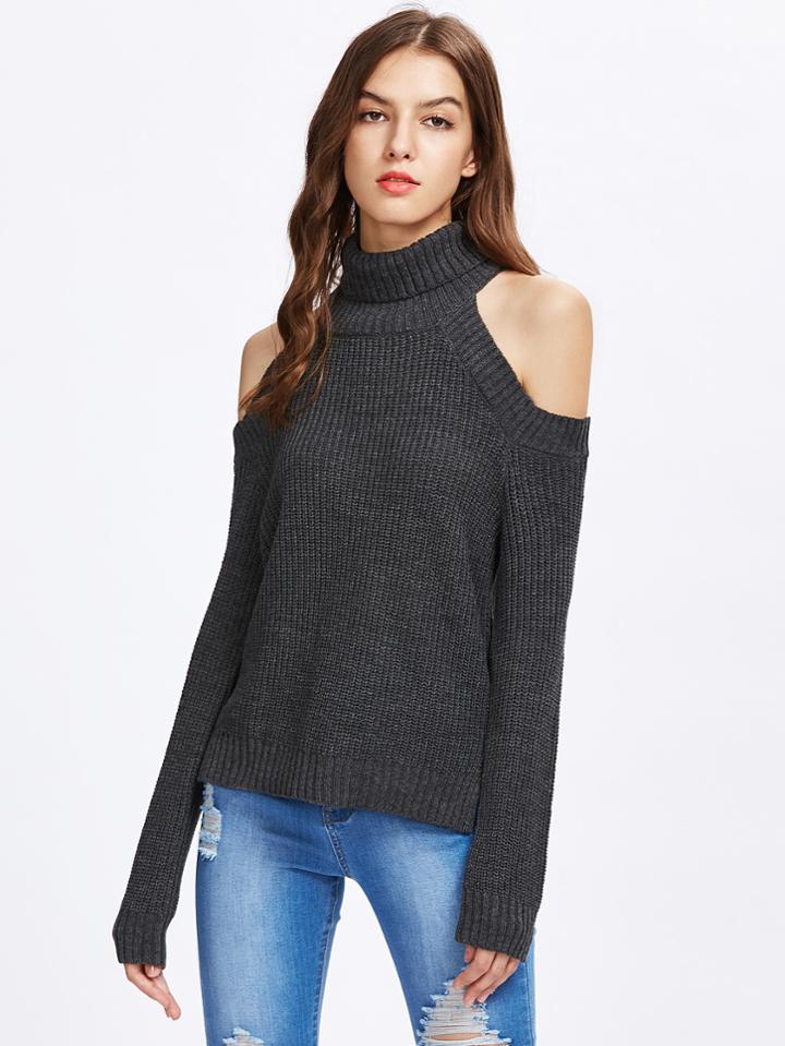 Romwe Roll Neck Cutout Shoulder Vented Side Jumper