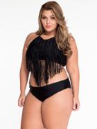 Romwe Plus Size Fringe Halter Neck Bikini Set - Black