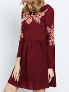Romwe Red Crew Neck Floral Embroidered Dress