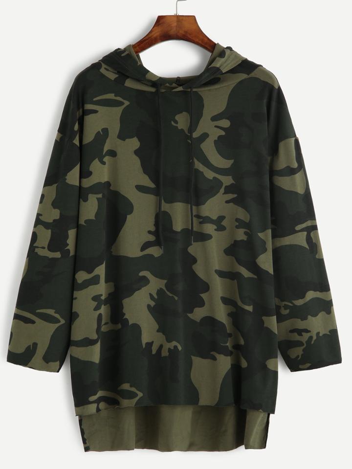 Romwe Camo Print Drop Shoulder High Low Drawstring Hooded Sweatshirt
