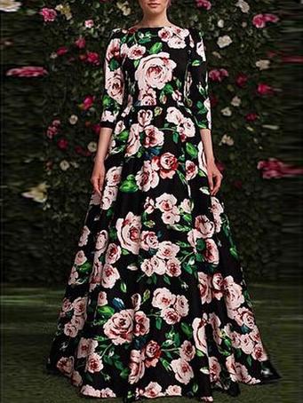 Romwe Flowers Print Maxi Black Dress