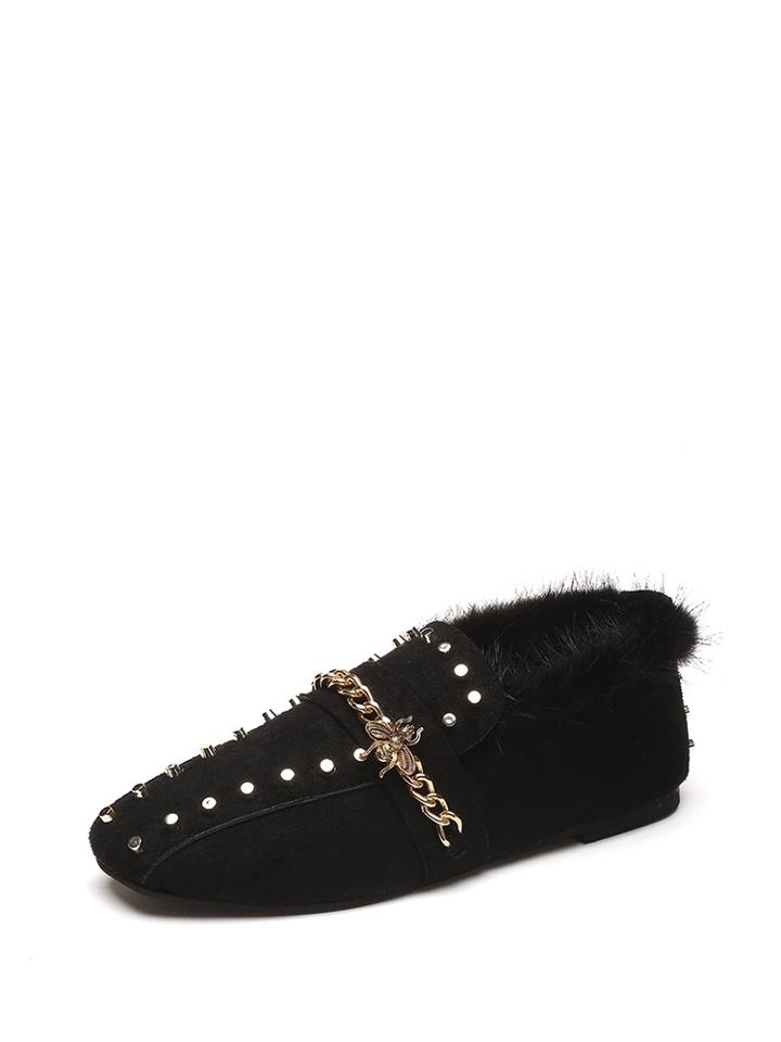Romwe Studded Chain Detail Flat Mules With Faux Fur