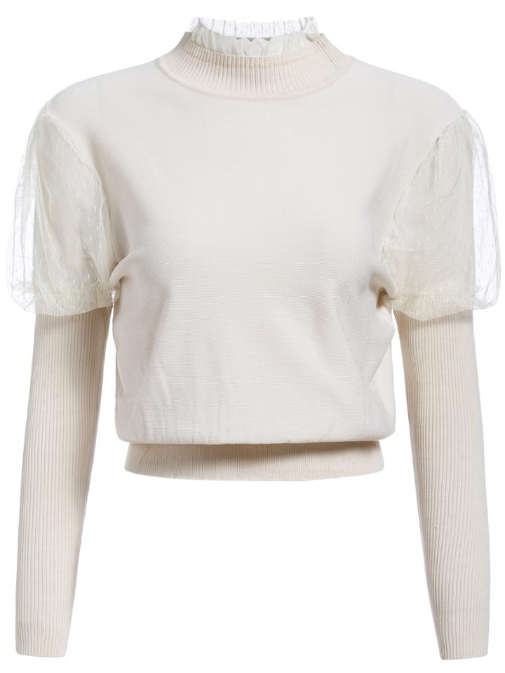 Romwe Stand Collar Mesh Insert Apricot Sweater