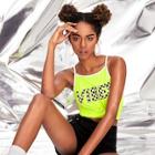Romwe Neon Lime Letter Print Contrast Binding Cami Top