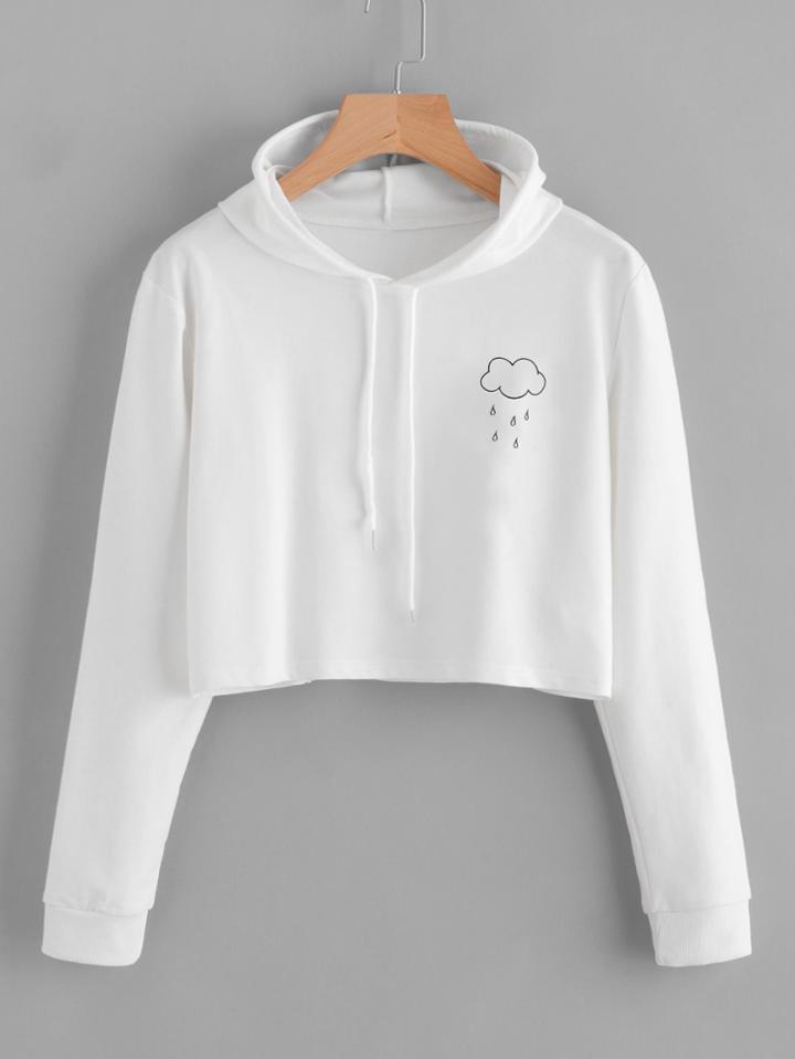 Romwe Rain Print Crop Hooded Sweatshirt