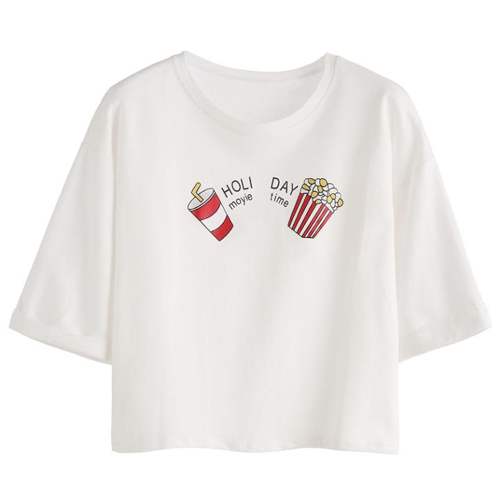 Romwe Ivory Coke Popcorn Print Drop Shoulder Cuffed T-shirt