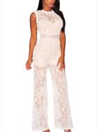 Romwe Semi-sheer Sleeveless Lace Jumpsuit - White