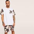 Romwe Guys Pocket Patched Floral Print Tee And Shorts Pj Set