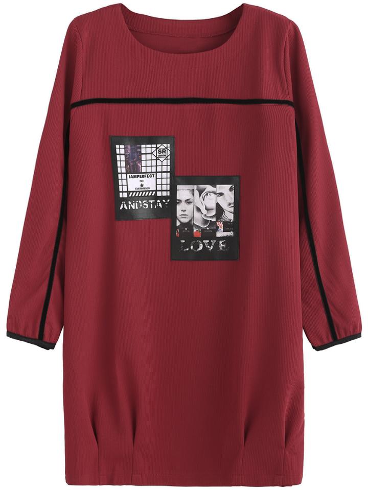 Romwe Burgundy Contrast Patch Ribbed Dress