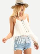 Romwe Fringe Trimmed Backless Cami Top - White