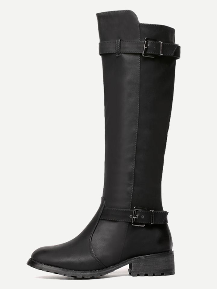Romwe Black Double Buckled Pu Full Zip Tall Boots