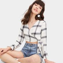 Romwe Plaid Print Knot Hem Flounce Sleeve Blouse