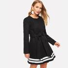 Romwe Waist Belted Wrap Striped Hem Coat