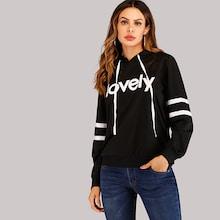 Romwe Letter Print Varsity Striped Hooded Sweatshirt