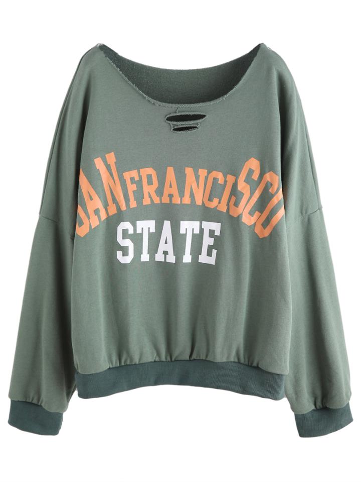Romwe Dropped Shoulder Seam Hollow Out Print Sweatshirt