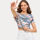 Romwe Letter & Camo Print Crop Tee