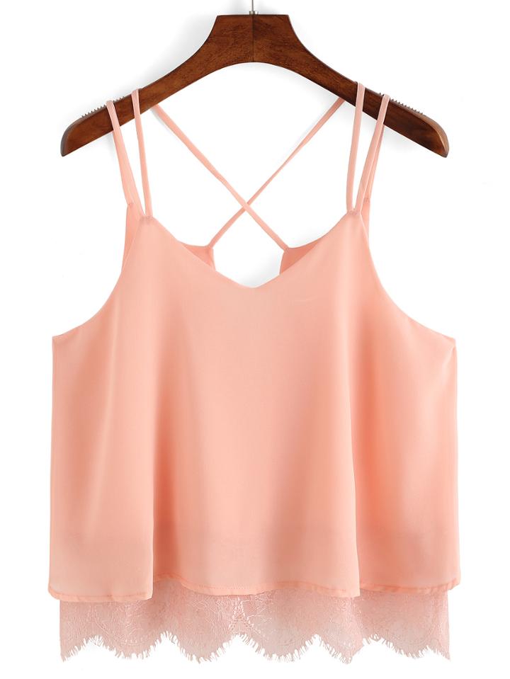 Romwe Pink Spaghetti Strap Lace Chiffon Cami Top
