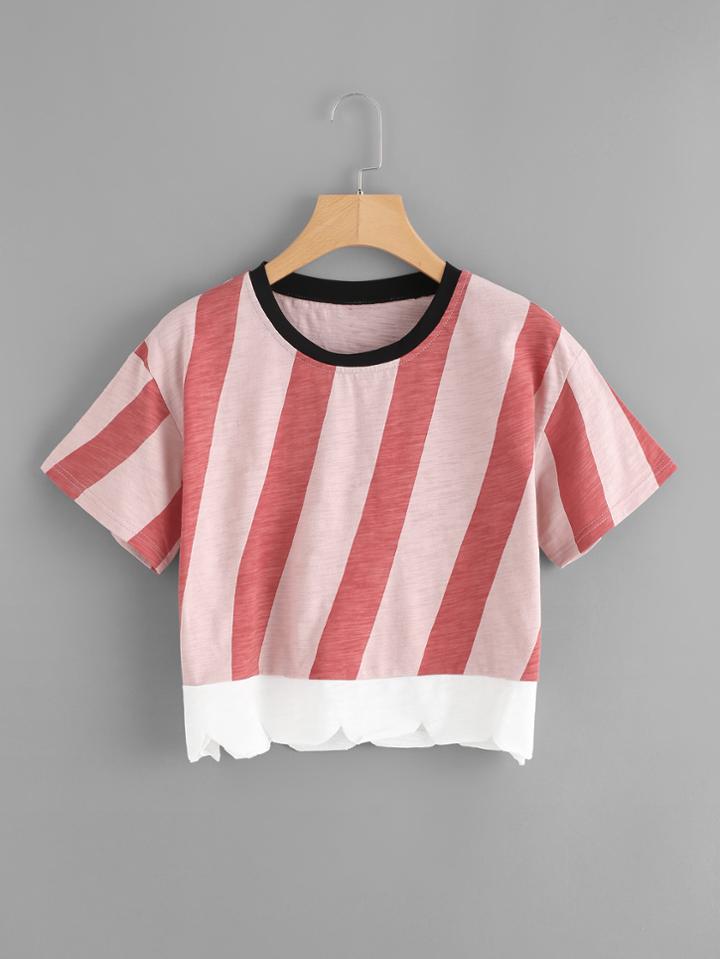 Romwe Scallop Hem Striped Tee