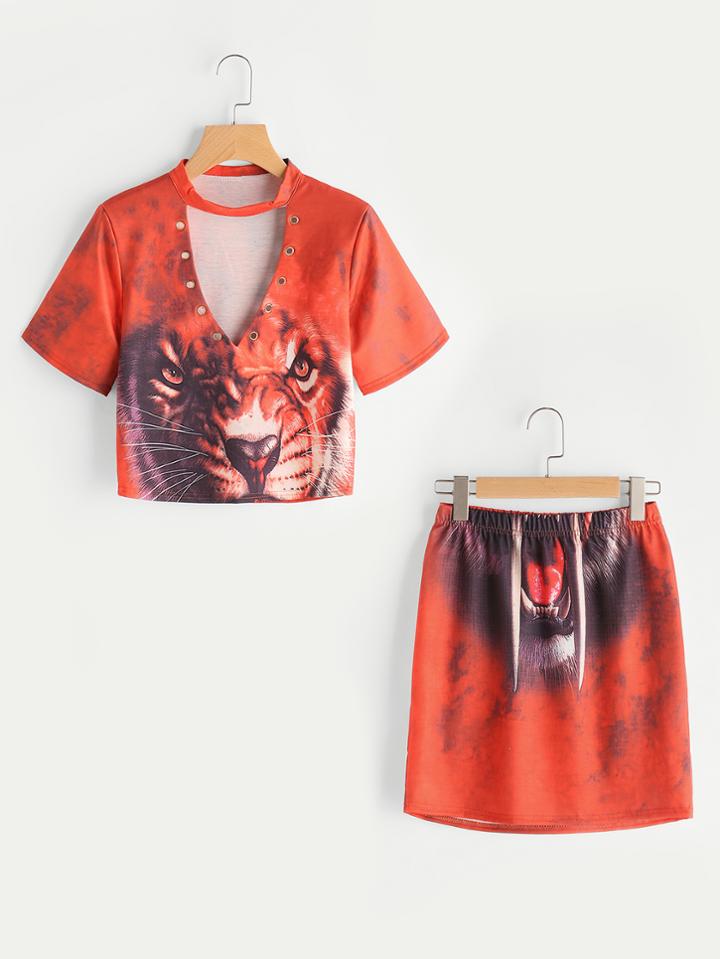 Romwe Choker V Neckline Eyelet Tiger Print Top With Skirt