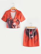 Romwe Choker V Neckline Eyelet Tiger Print Top With Skirt