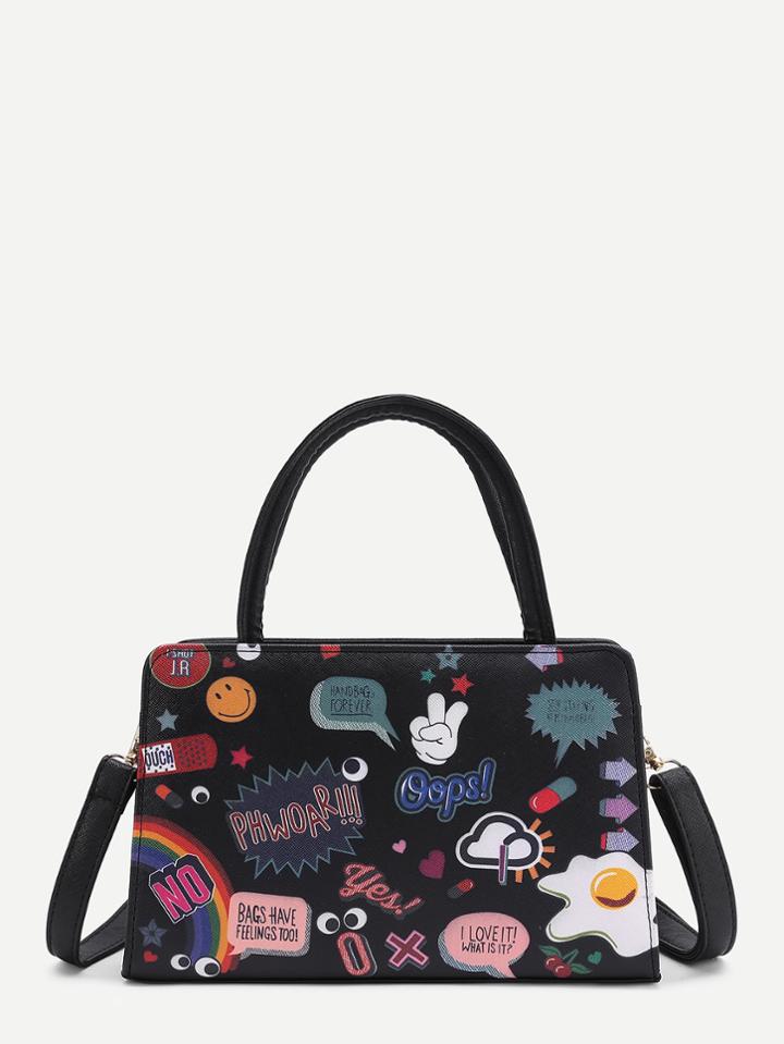 Romwe Graffiti Print Pu Shoulder Bag With Handle