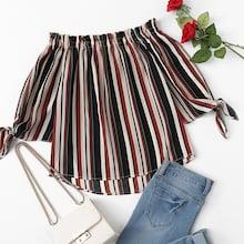 Romwe Striped Knot Sleeve Frill Blouse