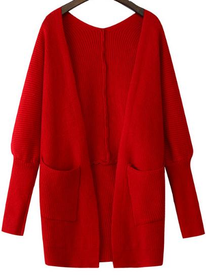 Romwe Pockets Dolman Red Cardigan
