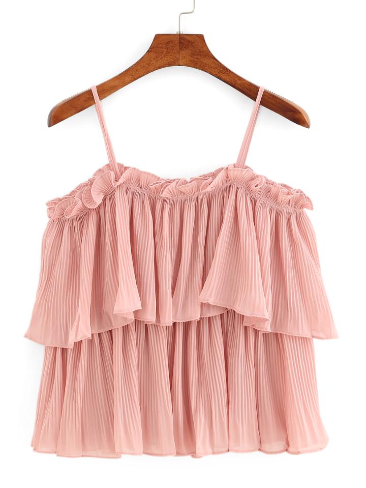 Romwe Spaghetti Strap Chiffon Pleated Shirt