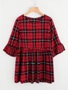 Romwe Frill Detail Trumpet Sleeve Checked Smock Top