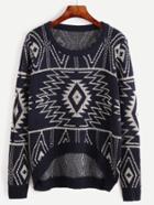 Romwe Navy Tribal Pattern High Low Sweater