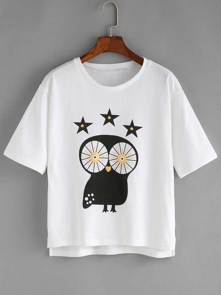 Romwe Dip Hem Stars Print White T-shirt