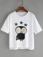 Romwe Dip Hem Stars Print White T-shirt