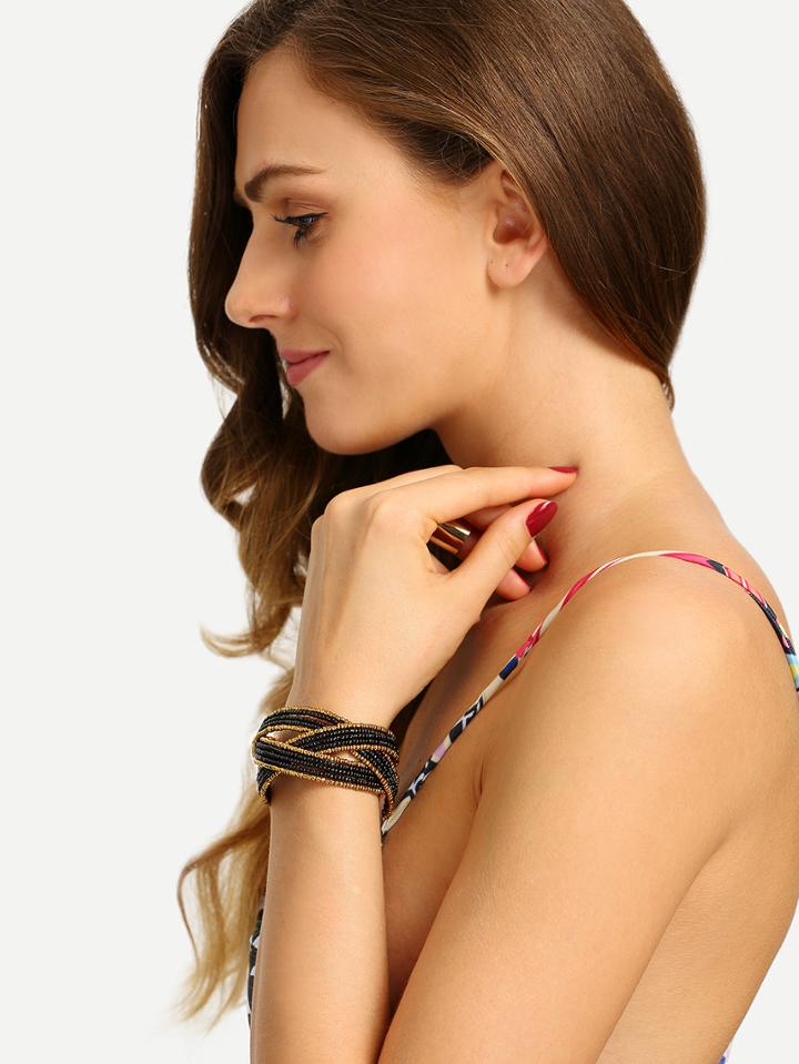 Romwe Black Beaded Criss Cross Cuff Bracelet