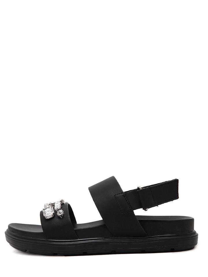 Romwe Black Faux Leather Open Toe Rhinestone Sandals
