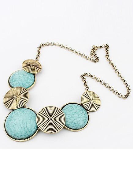 Romwe Blue Gemstone Metallic Round Necklace