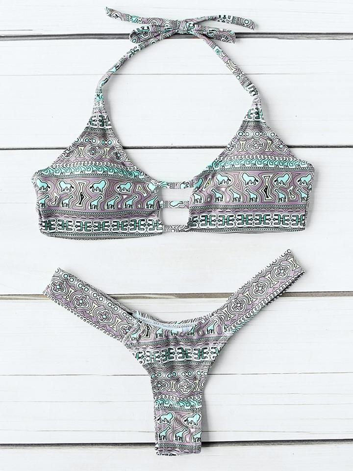 Romwe Printed Ladder Cutout Sexy Bikini Set