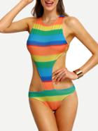 Romwe Colorful Stripe Cutout Crisscross One-piece Swimwear